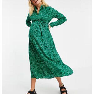 🐆 New Look Maternity Midaxi Shirt Dress – Green Animal Print (US 6 / UK 10)